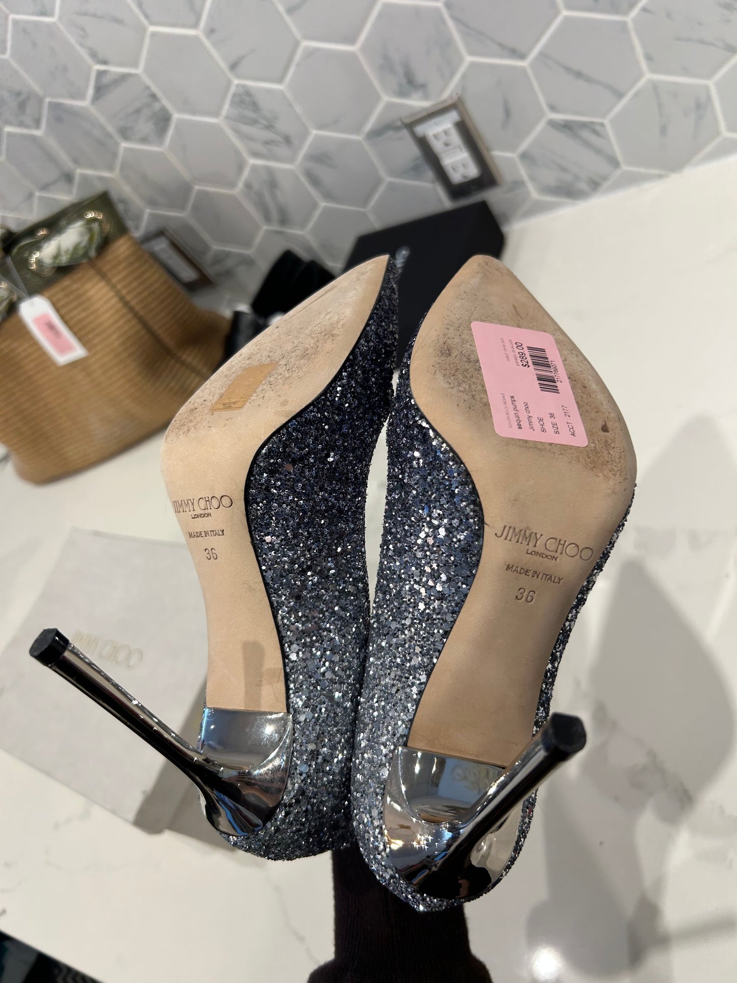 JIMMY CHOO Silver Sequin Pumps - Size 36