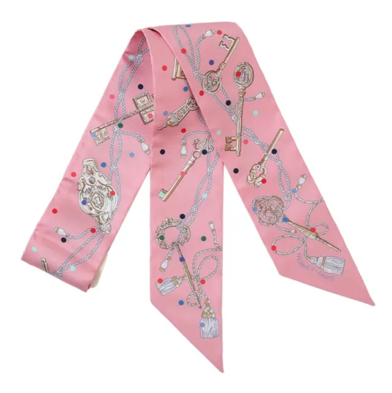 HERMES Les Cles A Pois Silk Twilly Scarf