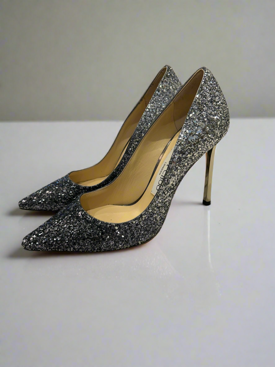 JIMMY CHOO Silver Sequin Pumps - Size 36