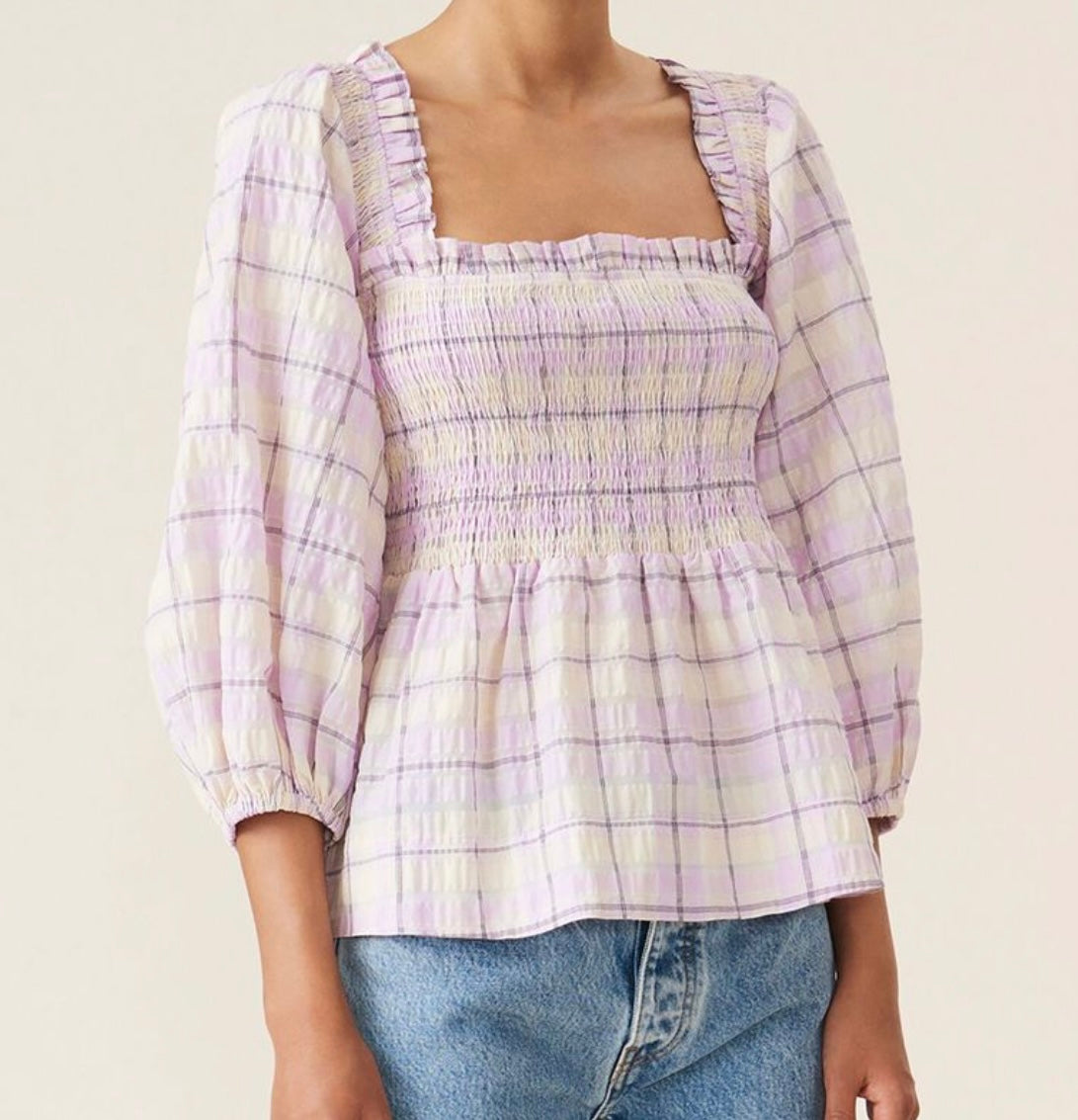 GANNI Plaid Smocked Top - Size 38