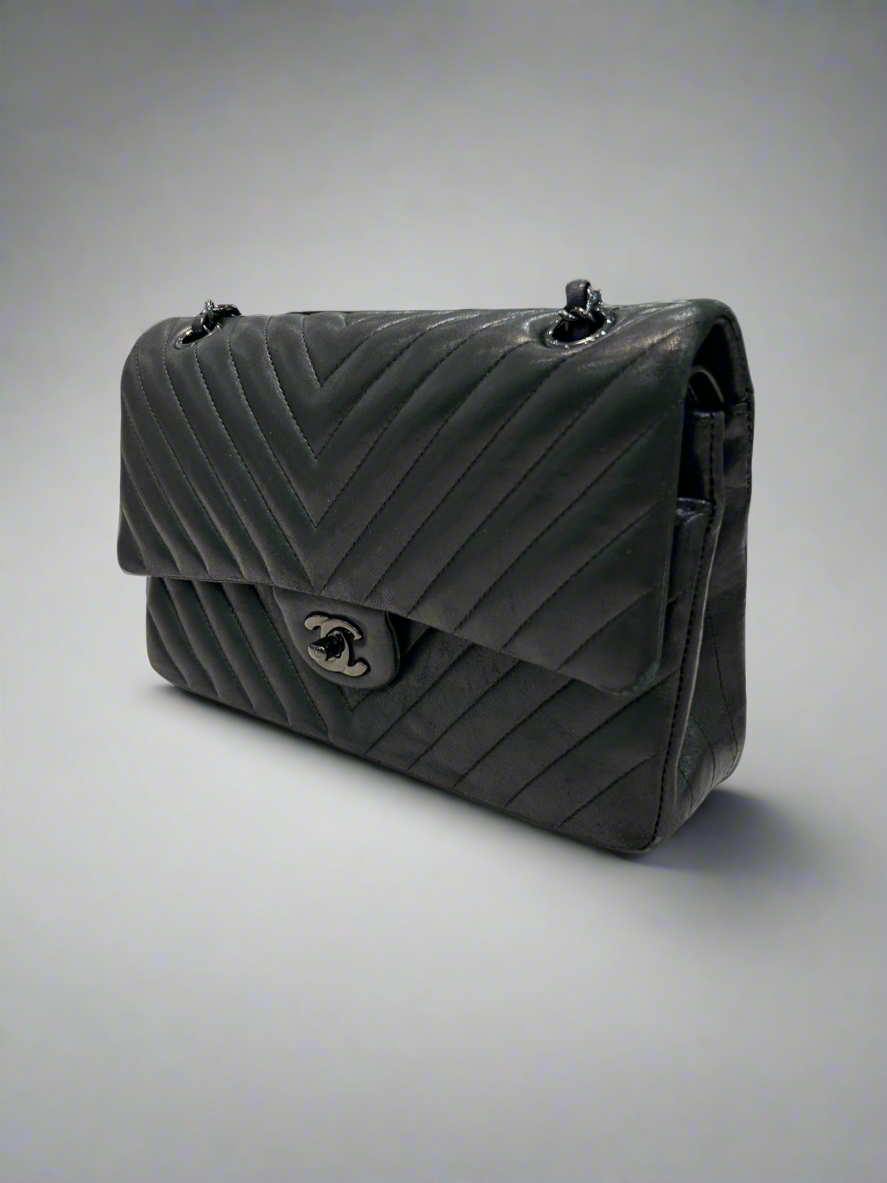 CHANEL Medium So Black Chevron Quilted Lambskin Leather Double Flap