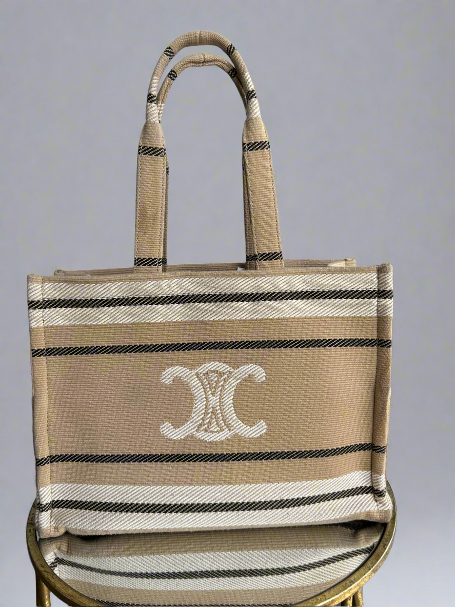 CÉLINE Large Cabas Thais Striped Textile Canvas Tote