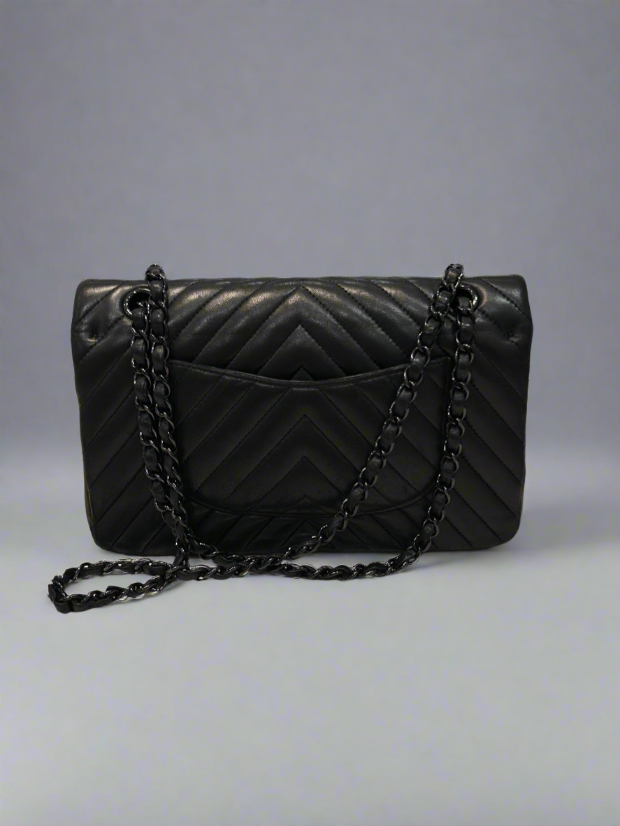 CHANEL Medium So Black Chevron Quilted Lambskin Leather Double Flap