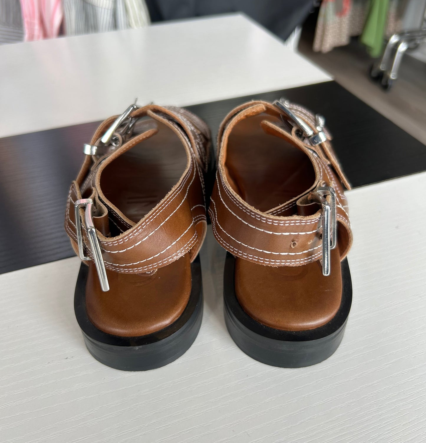 GANNI Brown Leather Buckle Sandals - Size 38