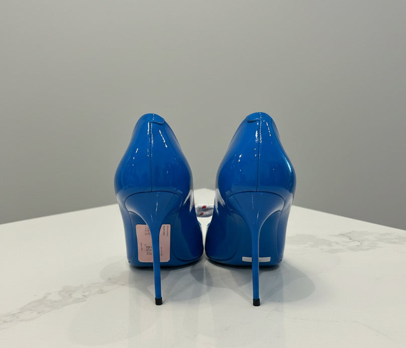 BURBERRY Blue Patent Leather Finsbury Bow Pointed Toe Pump - Size 40