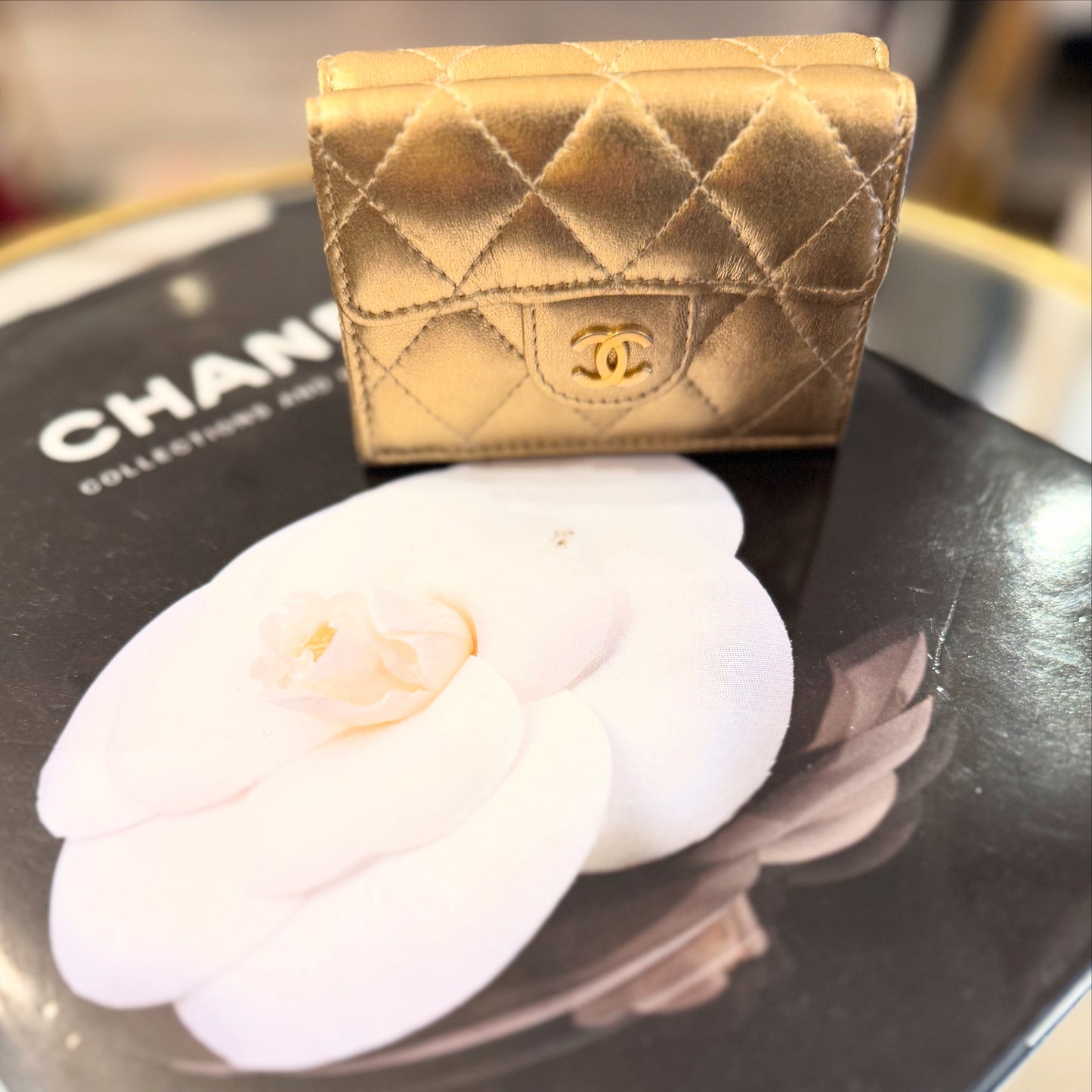 CHANEL Metallic Lambskin Quilted Wallet