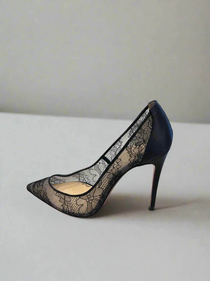 CHRISTIAN LOUBOUTIN Black Pigalace Lace & Satin Pumps - Size 37