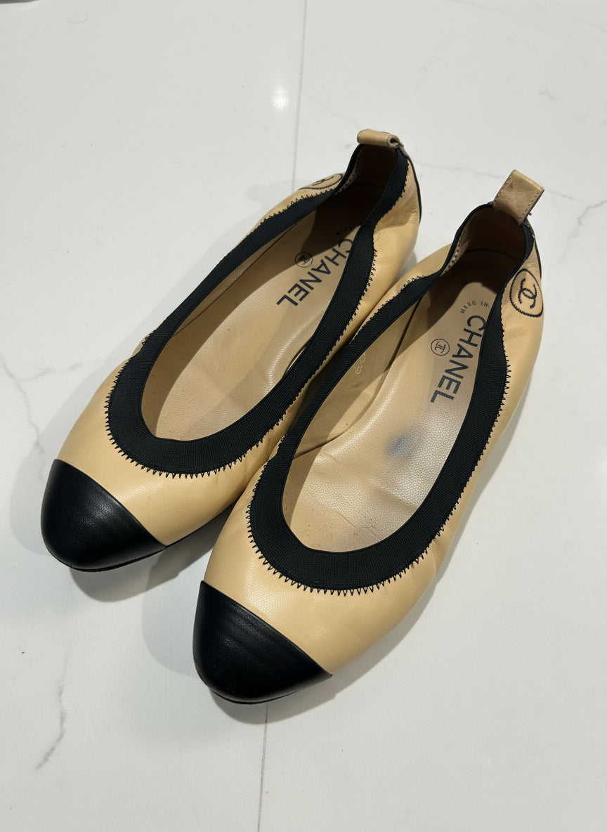CHANEL Stretch Calfskin Cap Toe Flats - Size 8
