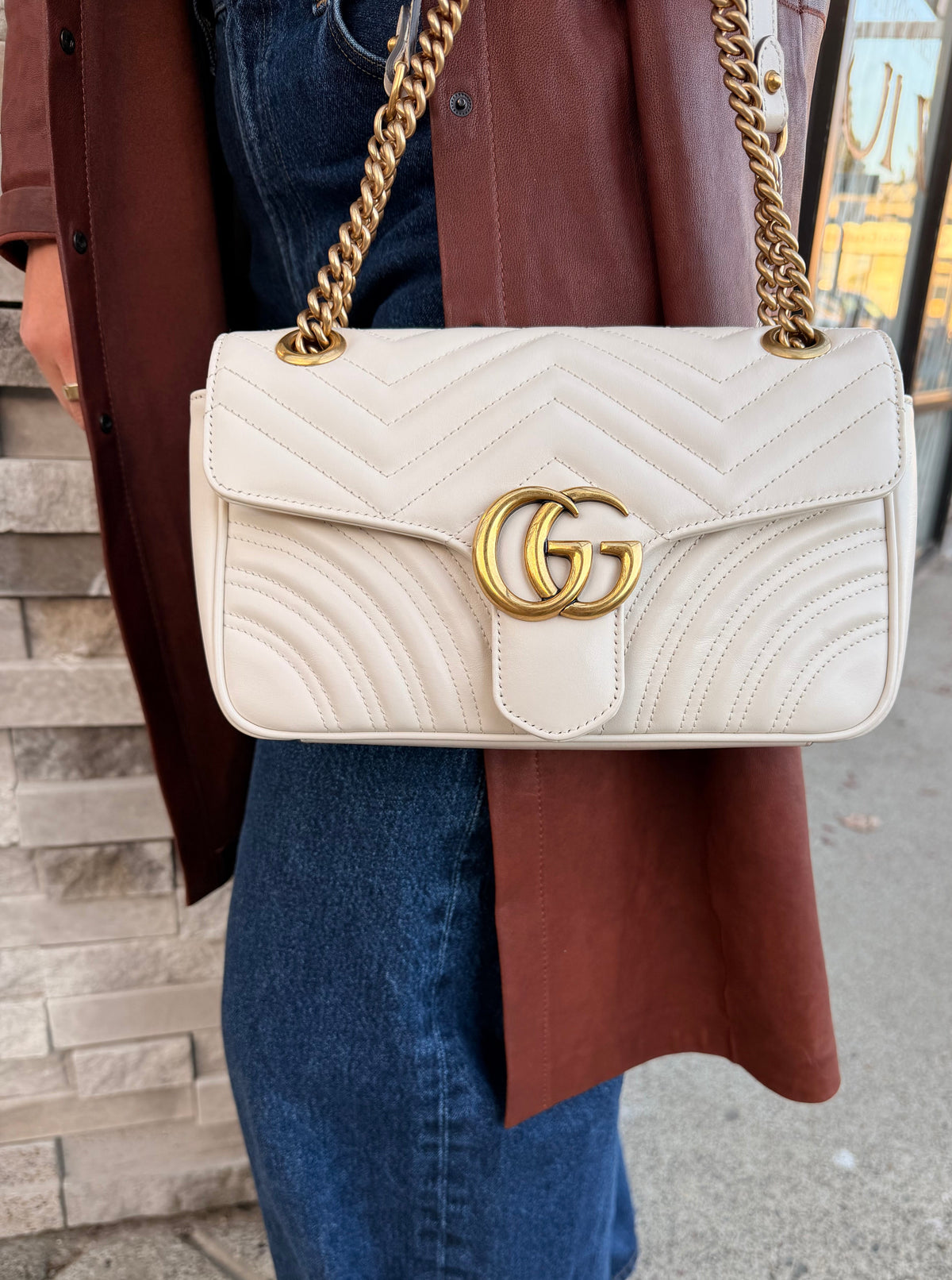 GUCCI Matelasse Small GG Marmont Shoulder Bag White
