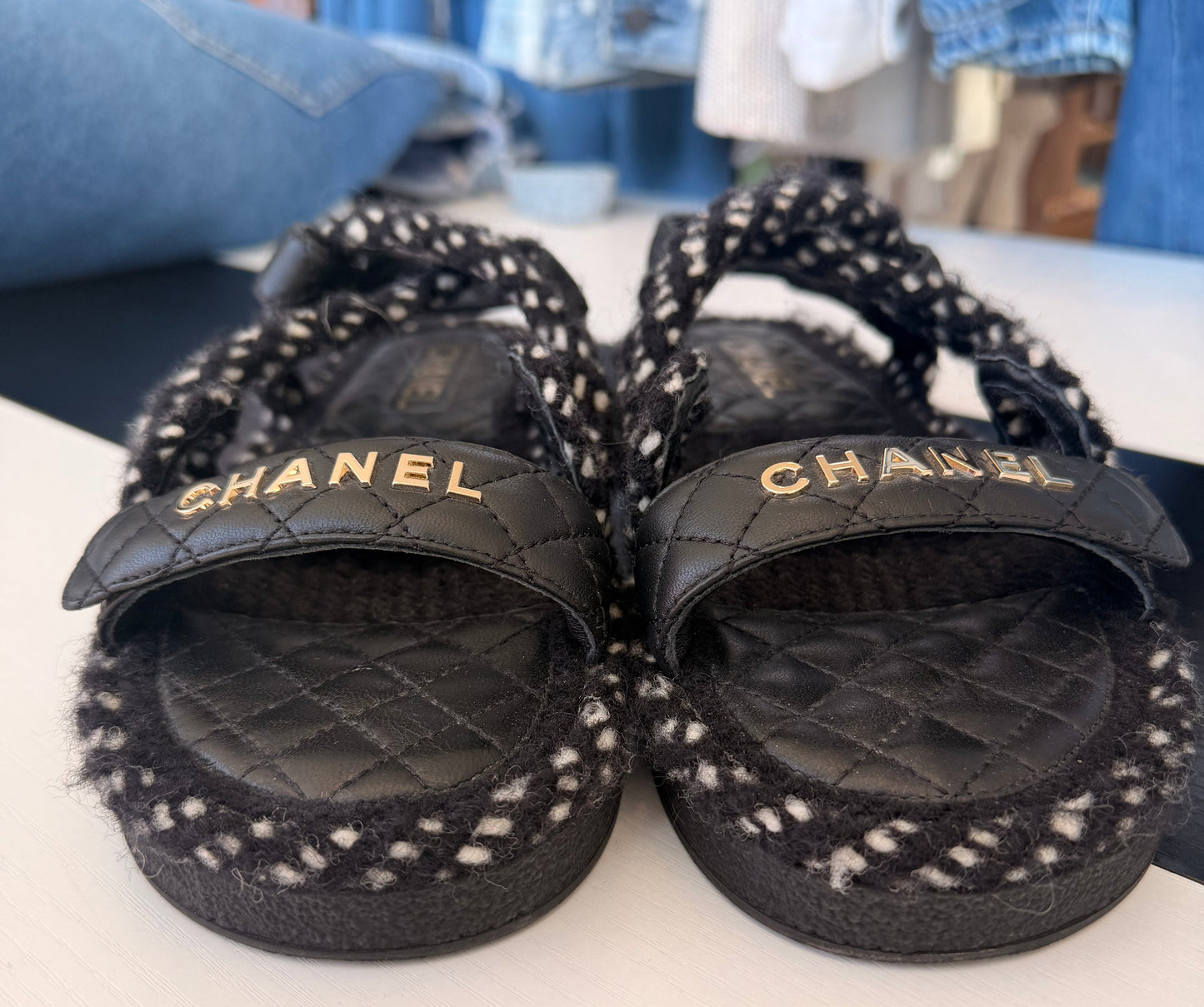CHANEL Cord Lambskin Quilted Logo Sandals - Size 40