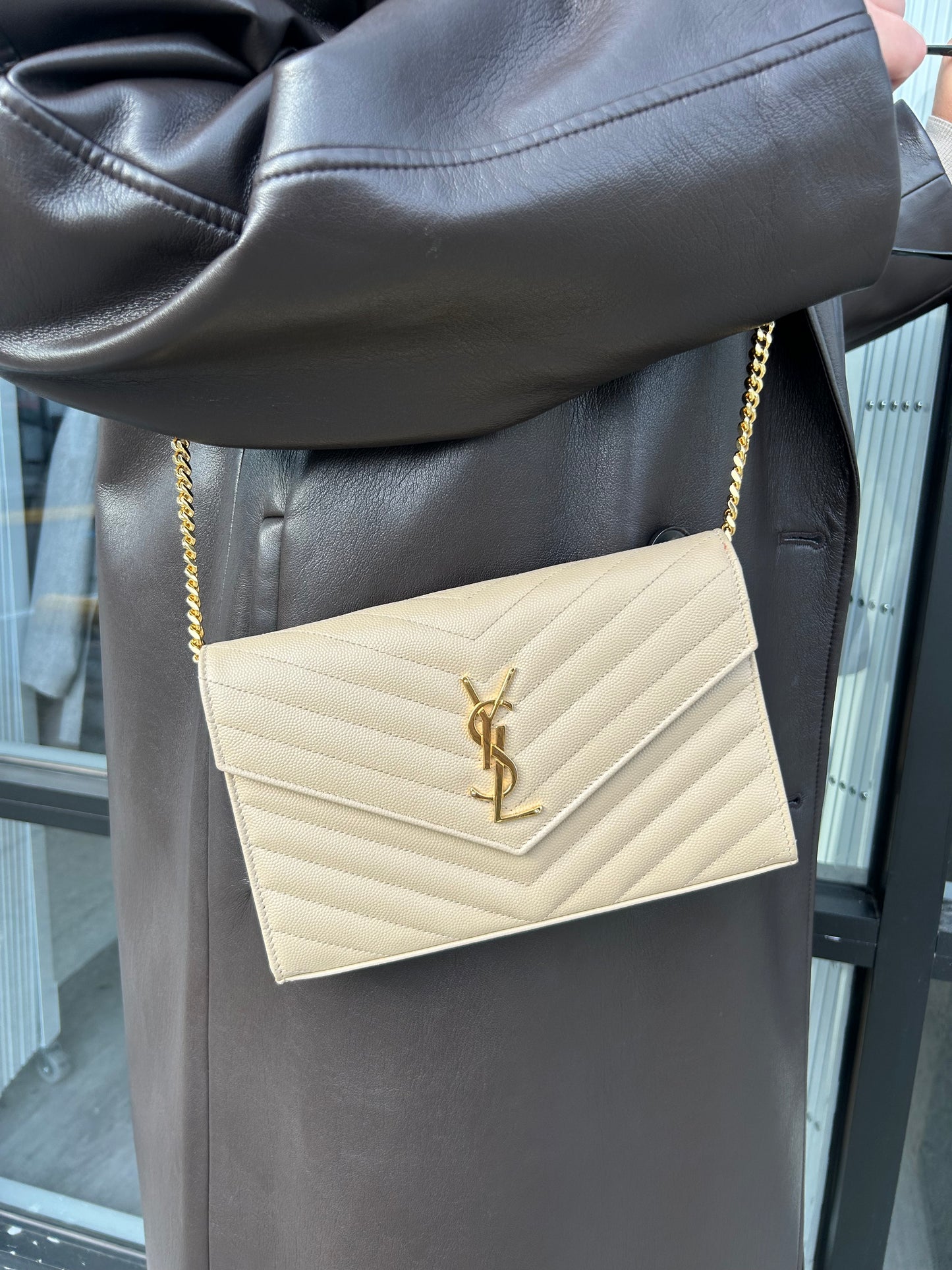 SAINT LAURENT Classic Cassandre Chain Wallet In Grain De Poudre Leather