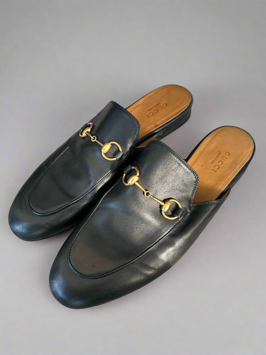 GUCCI Black Leather Mules - Size 38.5