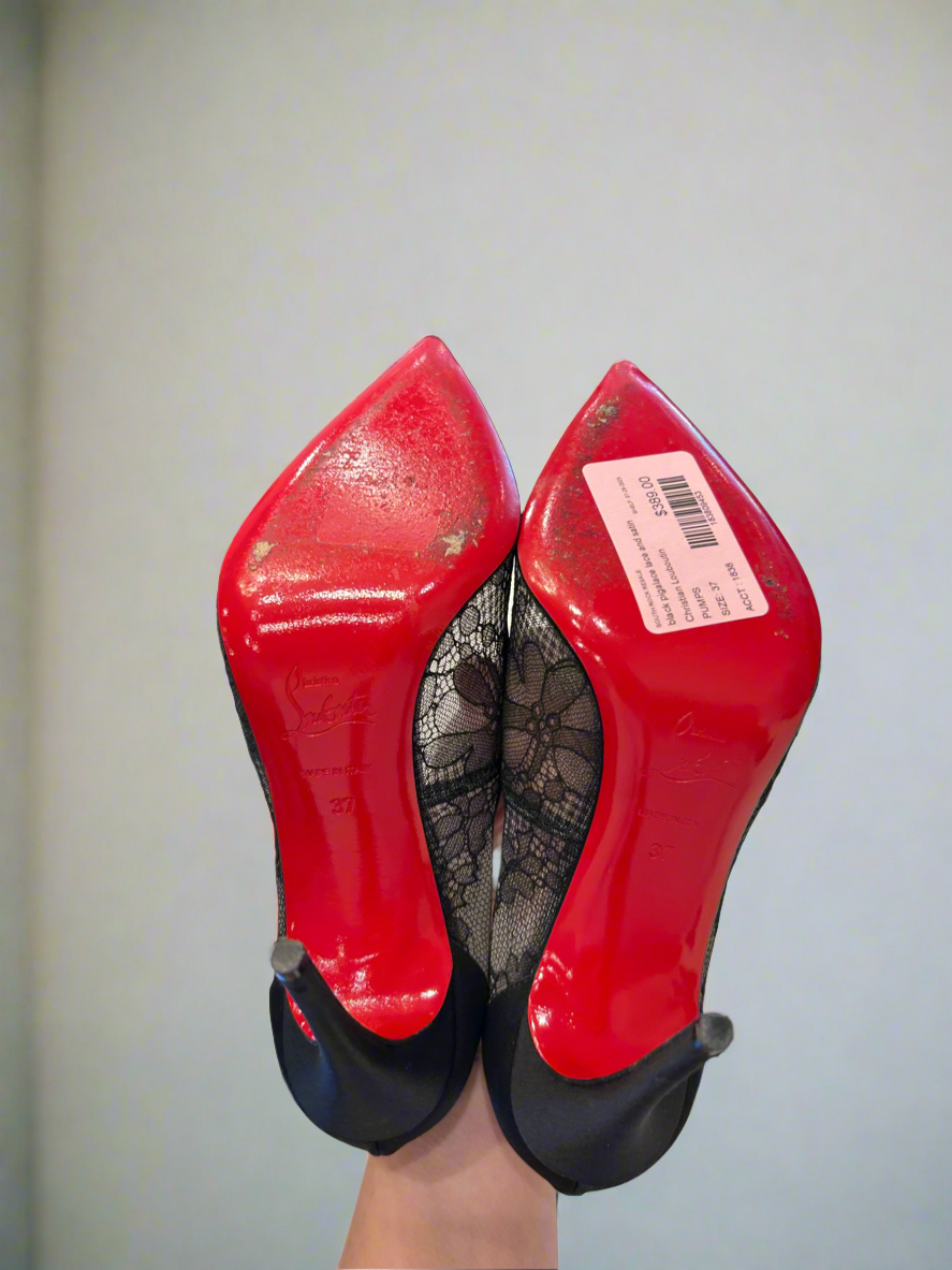 CHRISTIAN LOUBOUTIN Black Pigalace Lace & Satin Pumps - Size 37