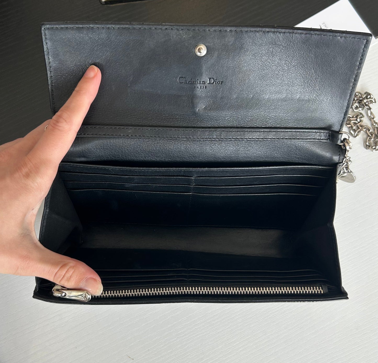 CHRISTIAN DIOR Black Patent Cannage Leather Rendezvous Wallet On Chain