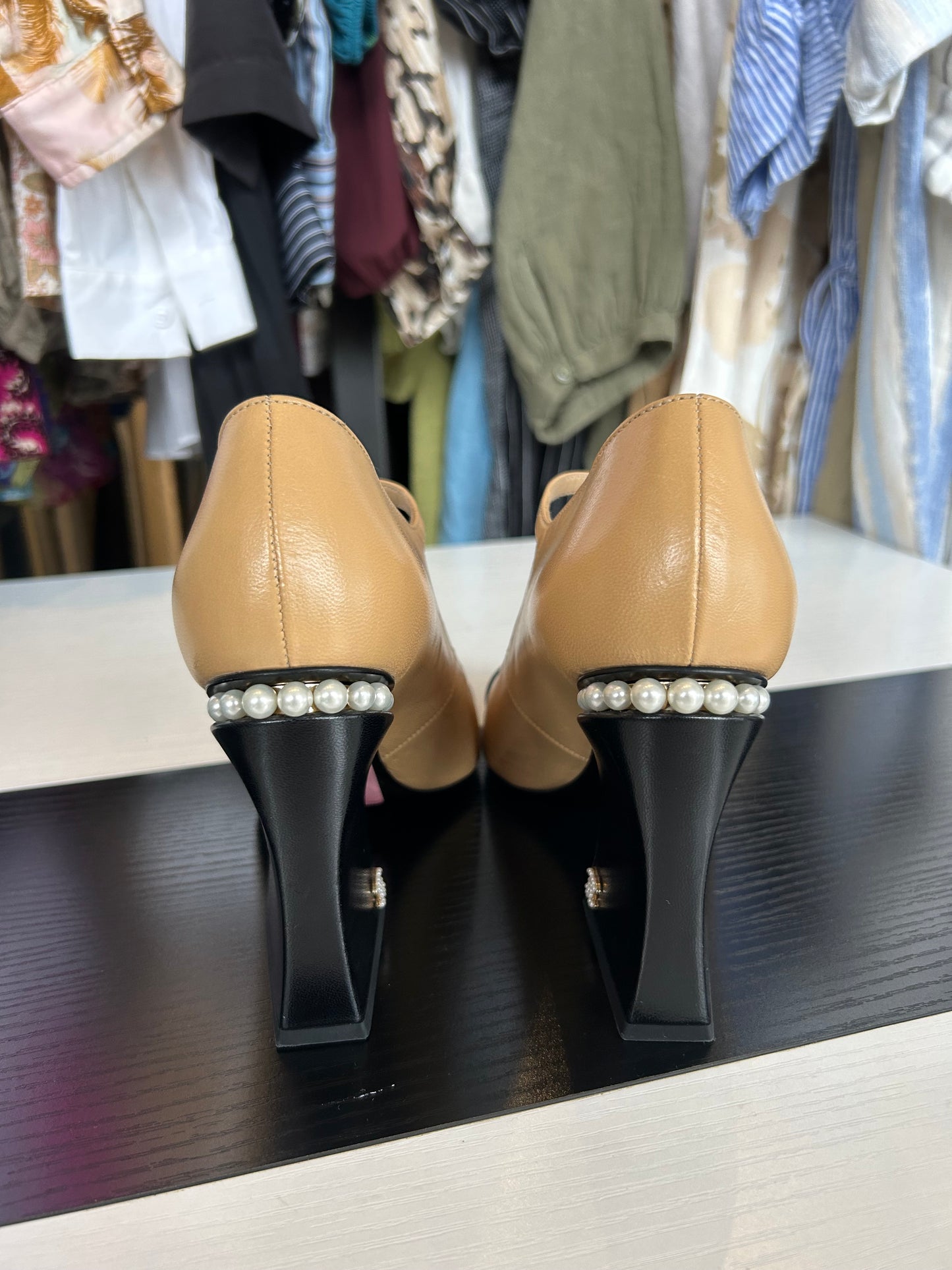 CHANEL Mary Jane Shoes With Pearl Trim - Size 37