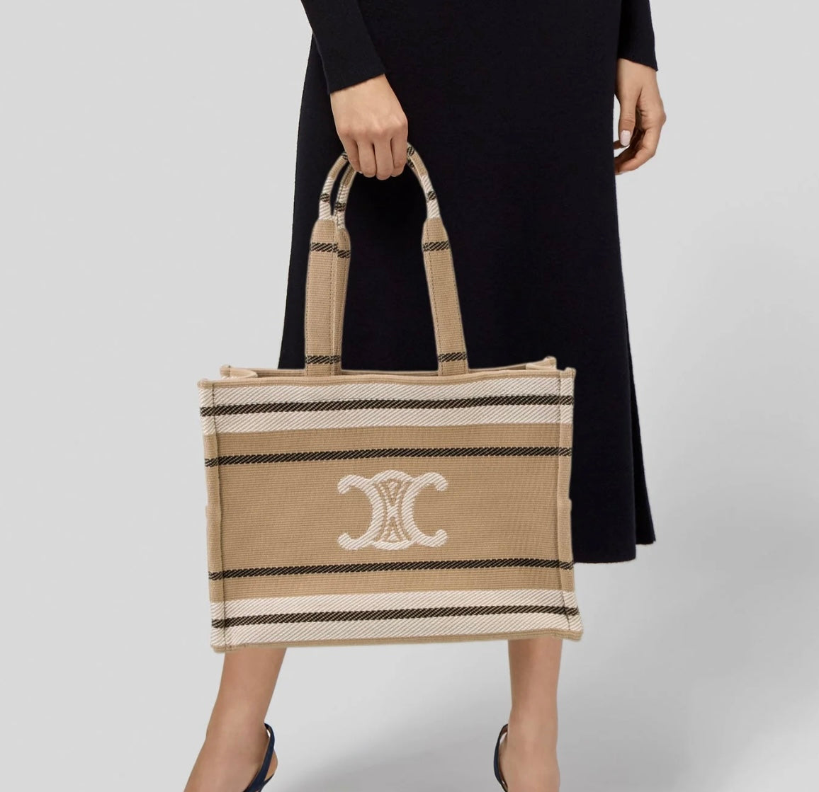 CÉLINE Large Cabas Thais Striped Textile Canvas Tote