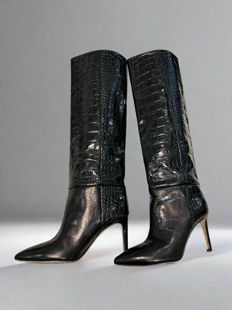 PARIS TEXAS Black Croc Leather Knee High Boots - Size 37.5