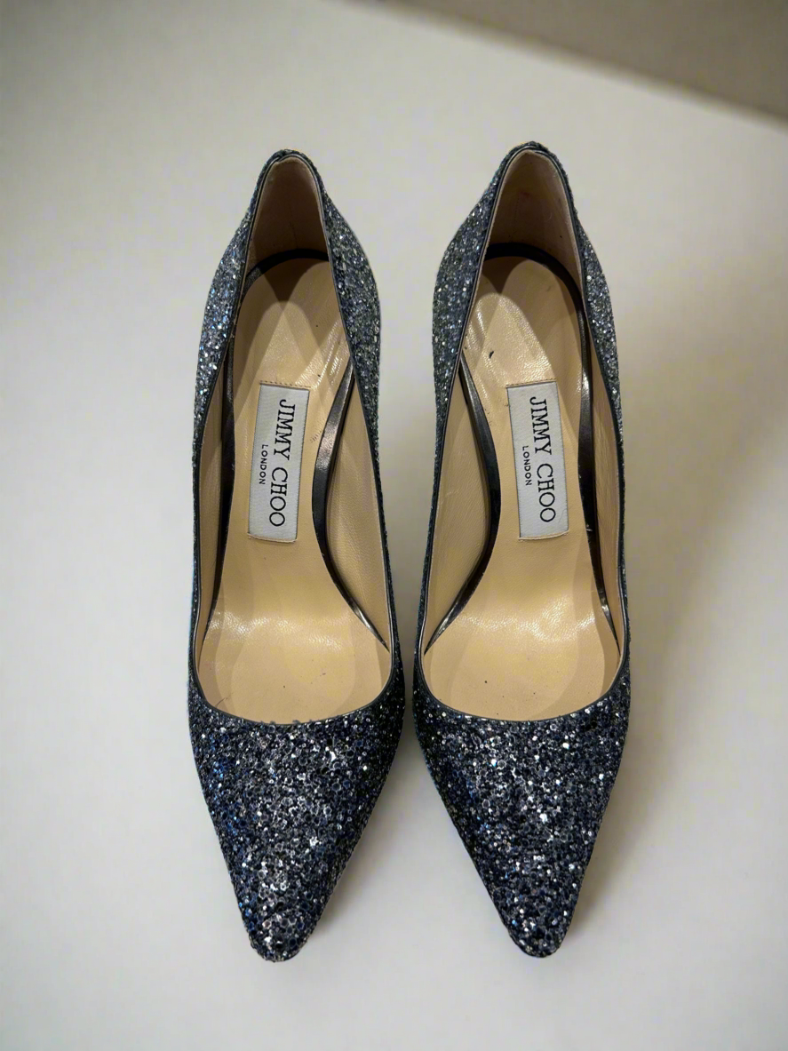 JIMMY CHOO Silver Sequin Pumps - Size 36