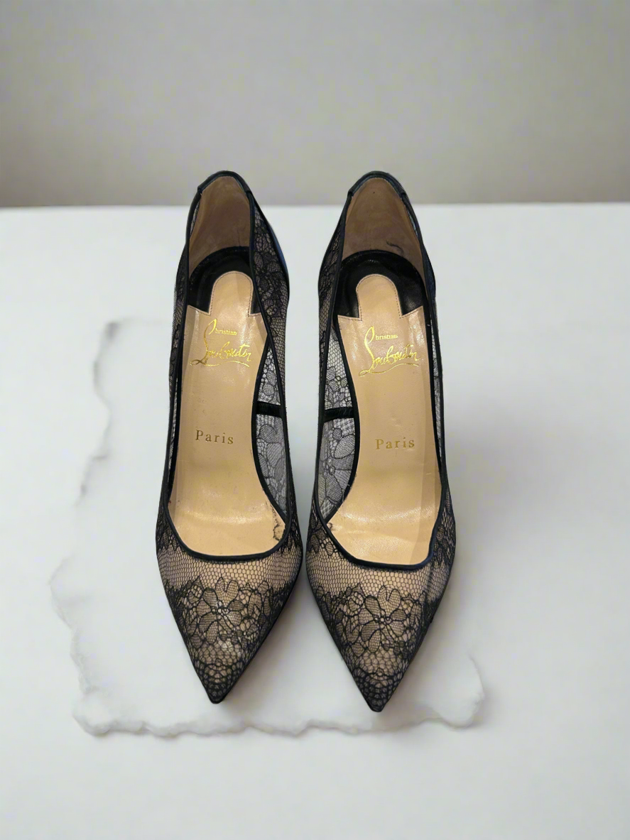 CHRISTIAN LOUBOUTIN Black Pigalace Lace & Satin Pumps - Size 37