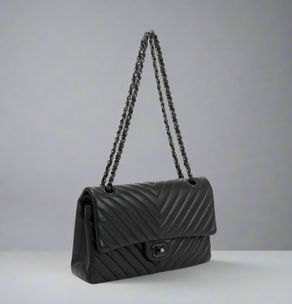 CHANEL Medium So Black Chevron Quilted Lambskin Leather Double Flap