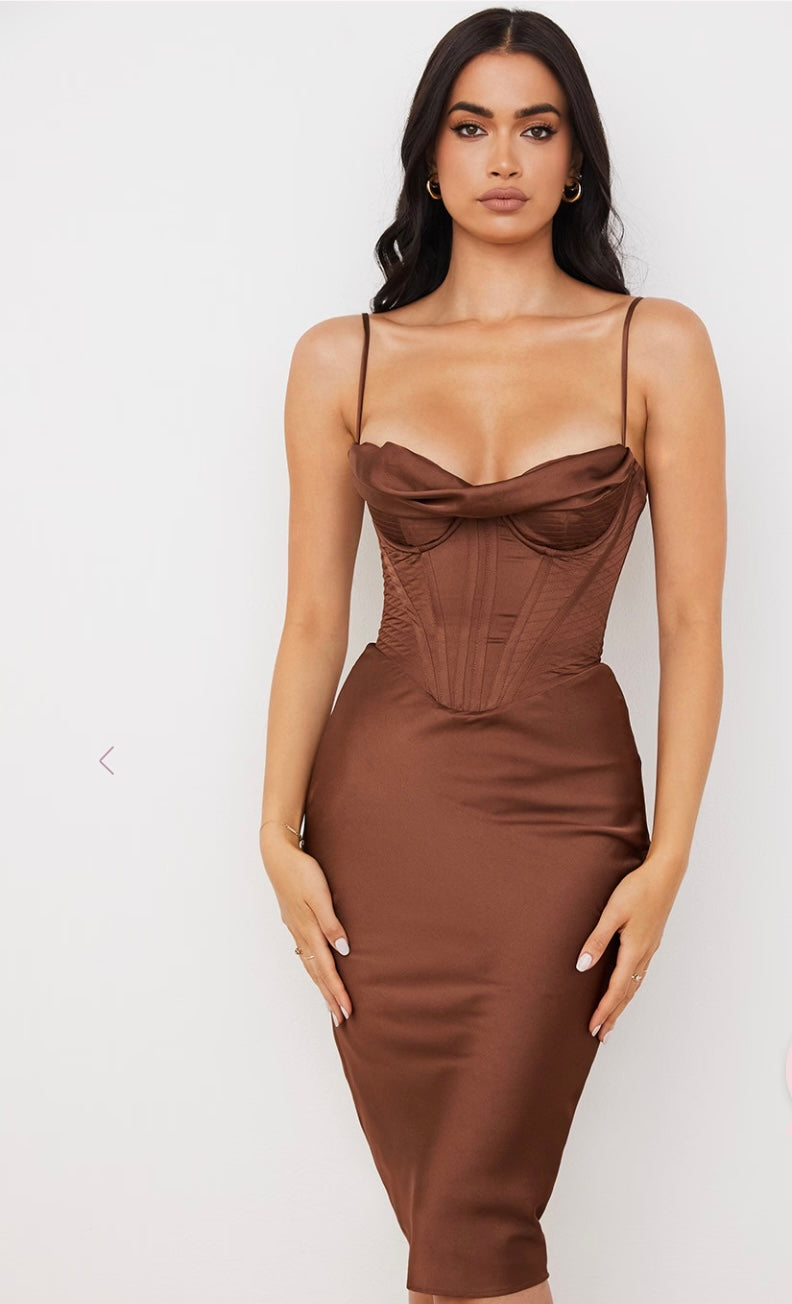 House of CB MYRNA
Chocolate Satin Corset Slip Dress - Size xs