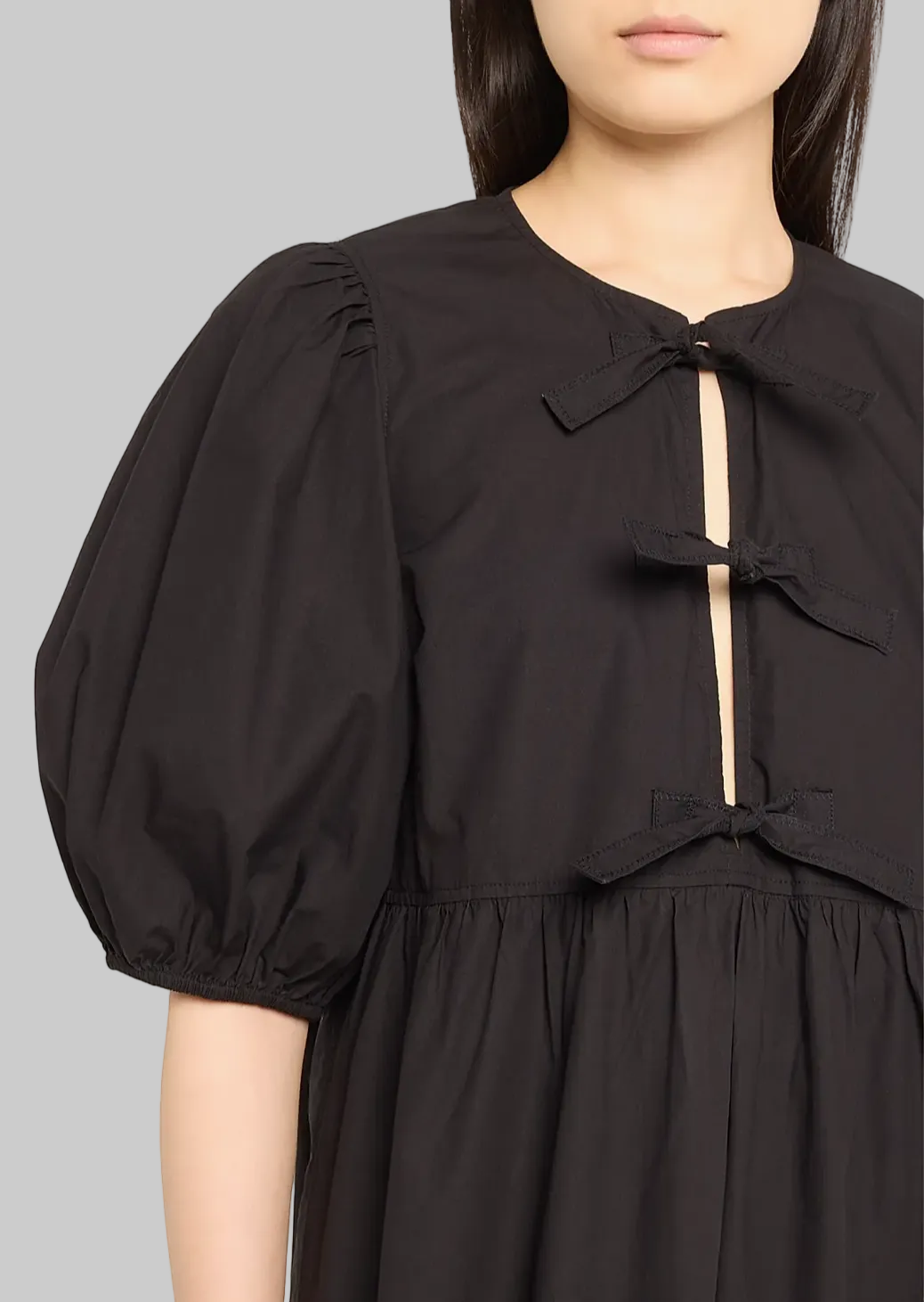 GANNI Tie-Front Puff-Sleeve Poplin Minidress - Size XS