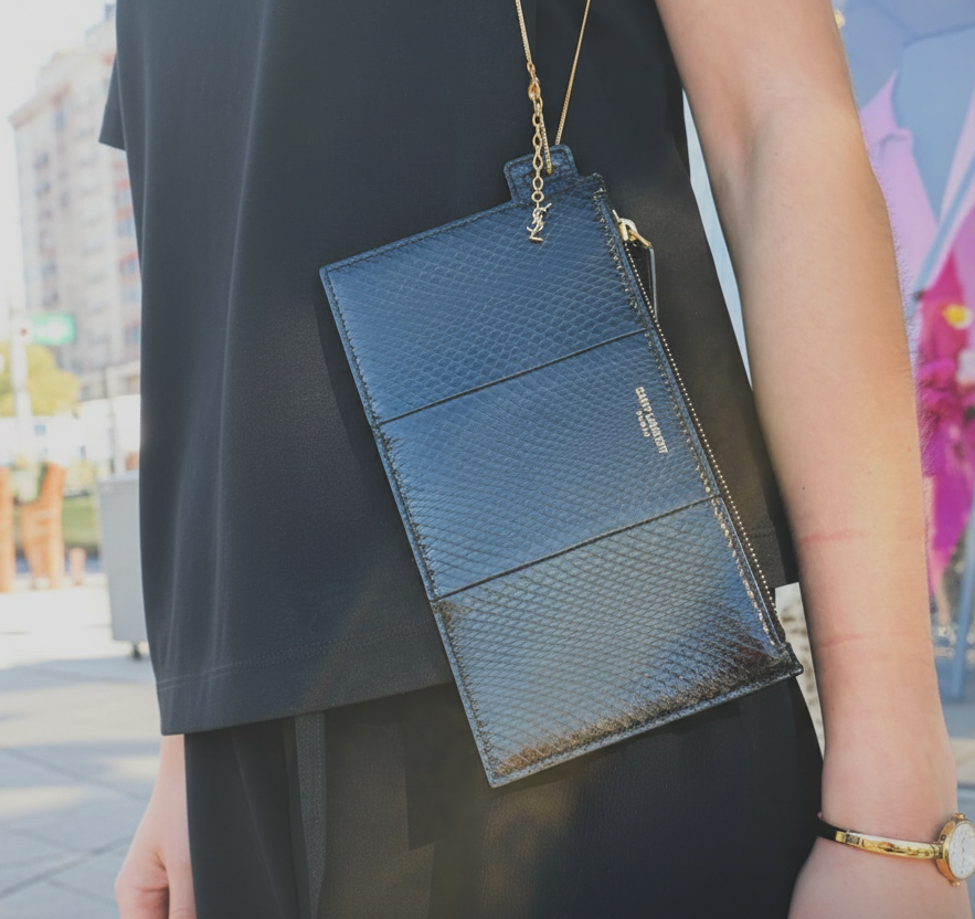 SAINT LAURENT Ayers Snakeskin Leather Chain Pouch