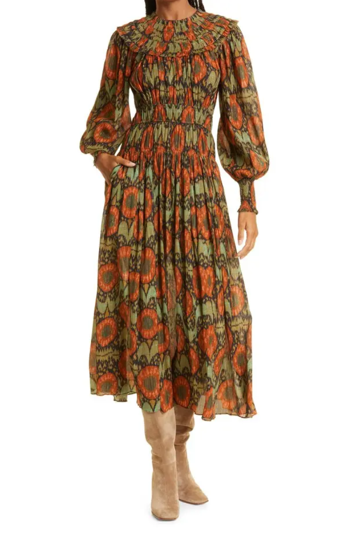 ULLA JOHNSON Metallic Floral Long Sleeve Midi Dress - Size S