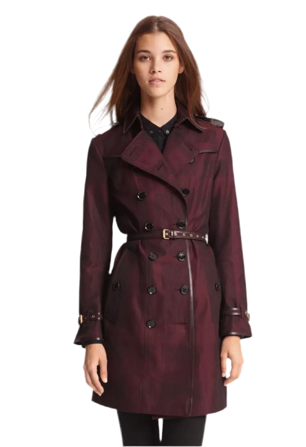 BURBERRY Burgundy Check Trench Coat - Size 6