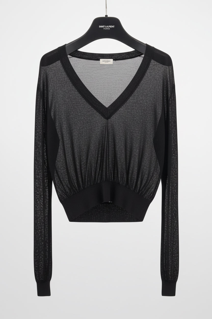 SAINT LAURENT Black V-neck Semi Sheer Sweater - Size L
