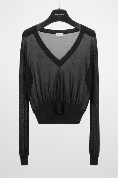 SAINT LAURENT Black V-neck Semi Sheer Sweater - Size L