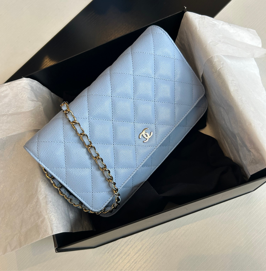 CHANEL Light Blue Caviar Leather Wallet On Chain