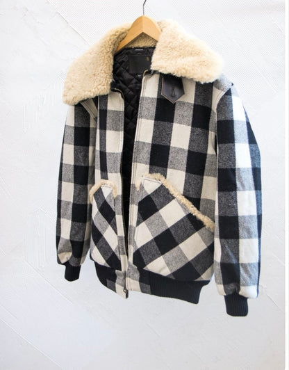 R13 EXAGGERATED SHEARLING COLLAR BOMBER JACKET IN ECRU BUFFALO - Size M