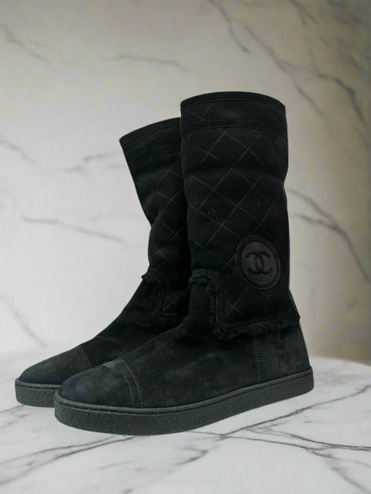 CHANEL - Black Suede Shearling Boots - Size 38