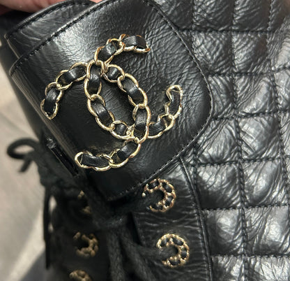 CHANEL Quilted Black Leather Boots - Size 38