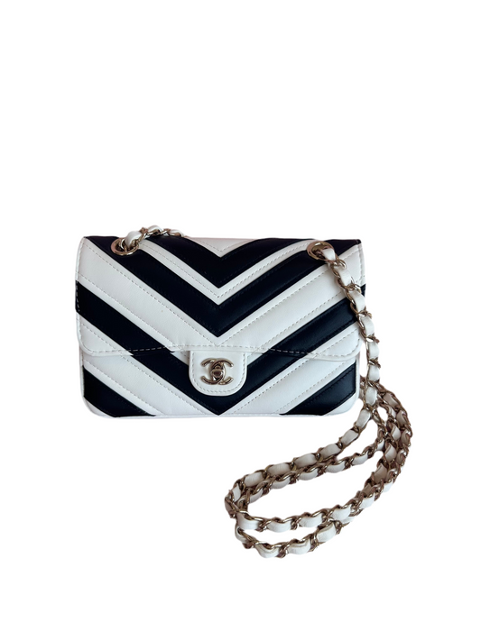 CHANEL White Black Chevron Lambskin Stitched Mini Flap