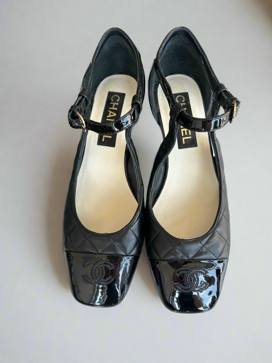 CHANEL Patent Toe Quilted Mary Jane’s - Size 38