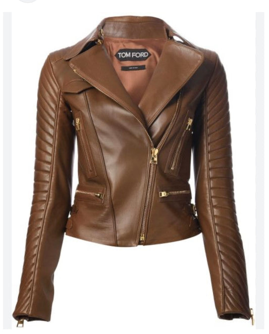 Tom Ford Brown Leather Biker Jacket - Size 38
