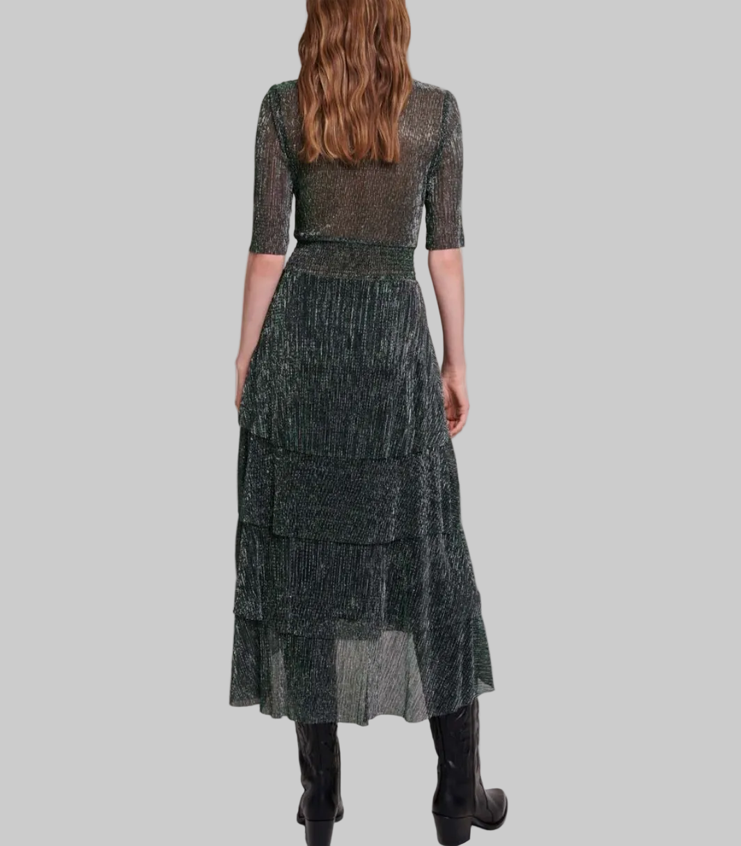 MAJE Green Strech Lurex Fabric Dress With Ruffles - Size xs