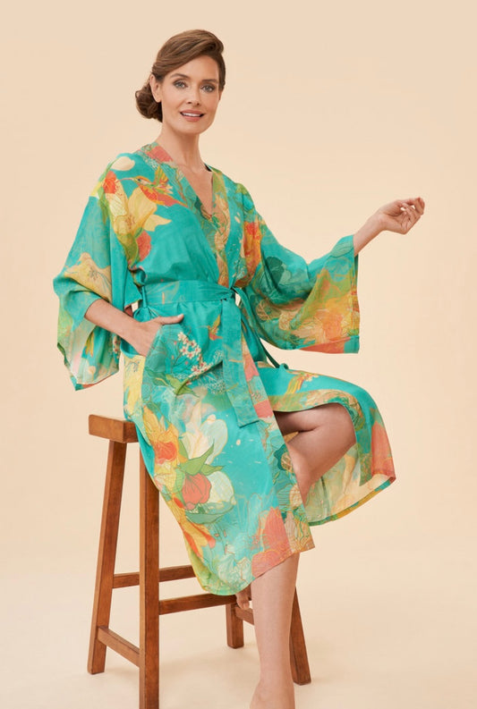 Hummingbird Kimono Gown in Aqua - O/S