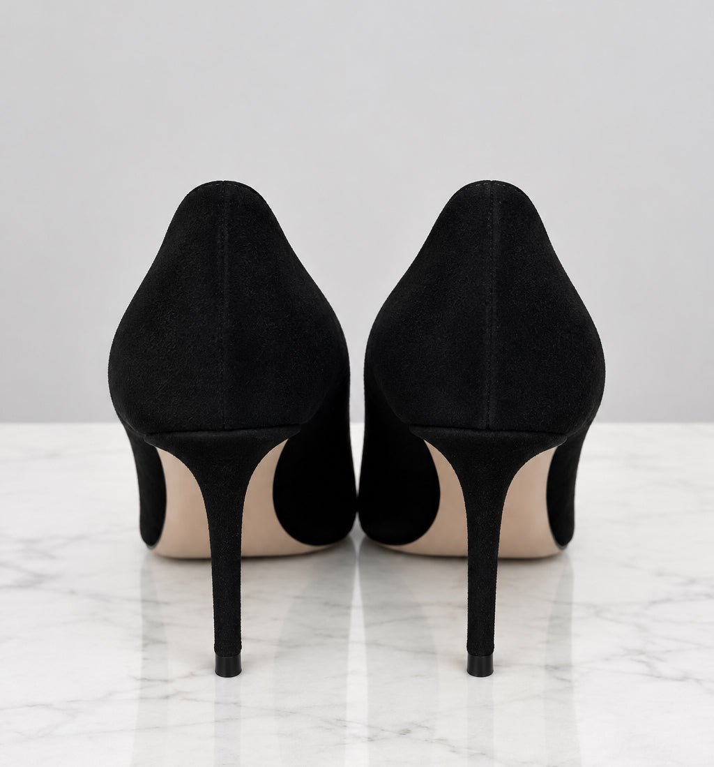 JIMMY CHOO Black Pointed Toe Suede Logo - Size 38.5