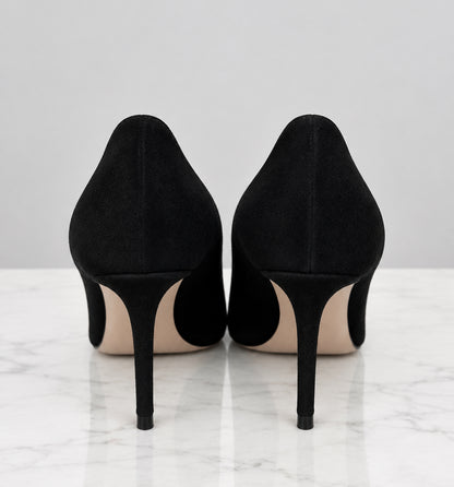 JIMMY CHOO Black Pointed Toe Suede Logo - Size 38.5