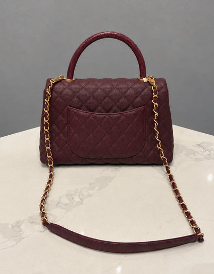 CHANEL Burgundy Caviar Small Python coco Handle Flap Bag