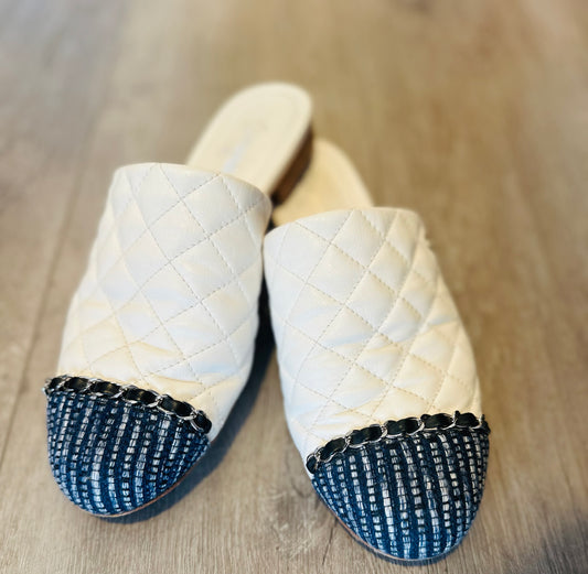 Chanel Quilted Leather And Grosgrain Fabric Mules - Size 38