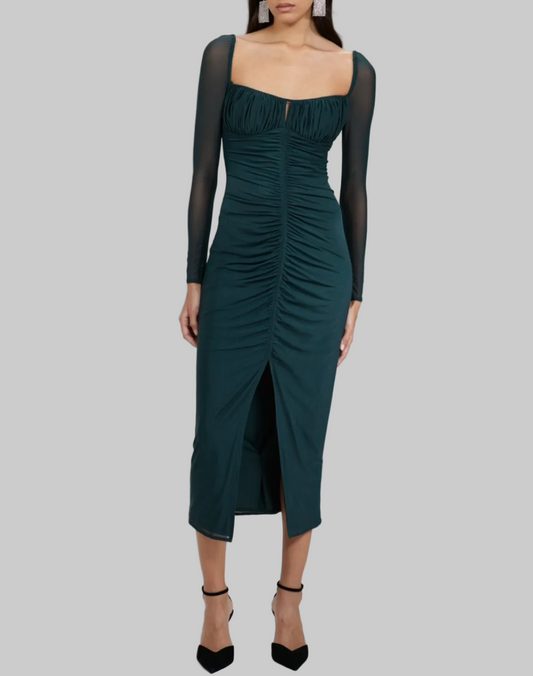 SELF-PORTRAIT Teal Ruched Midi Dress - Size 6