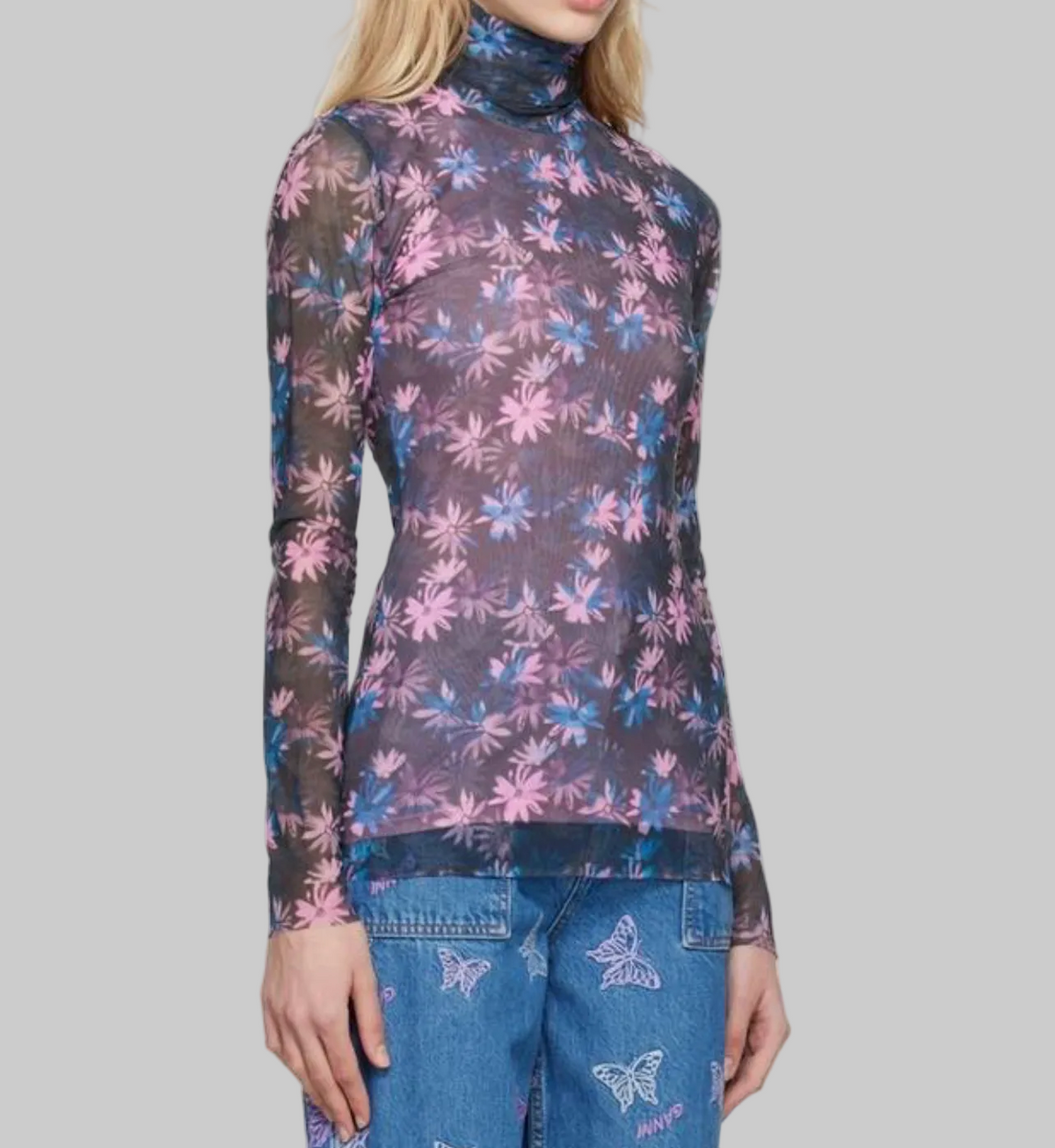 GANNI Daisy Spray Mesh Turtleneck- Size xs
