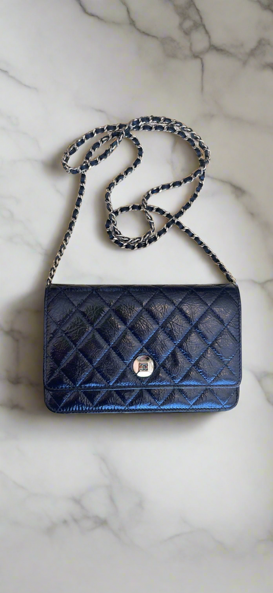 Chanel Navy Blue Wallet On Chain Patent Leather Shoulder Bag