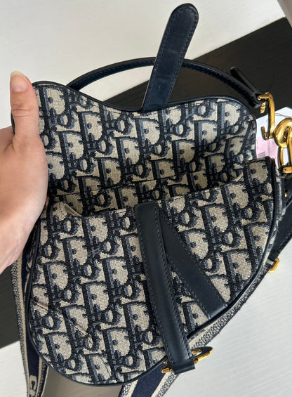 CHRISTIAN DIOR Blue Oblique Jacquard Mini Saddle Bag With Strap