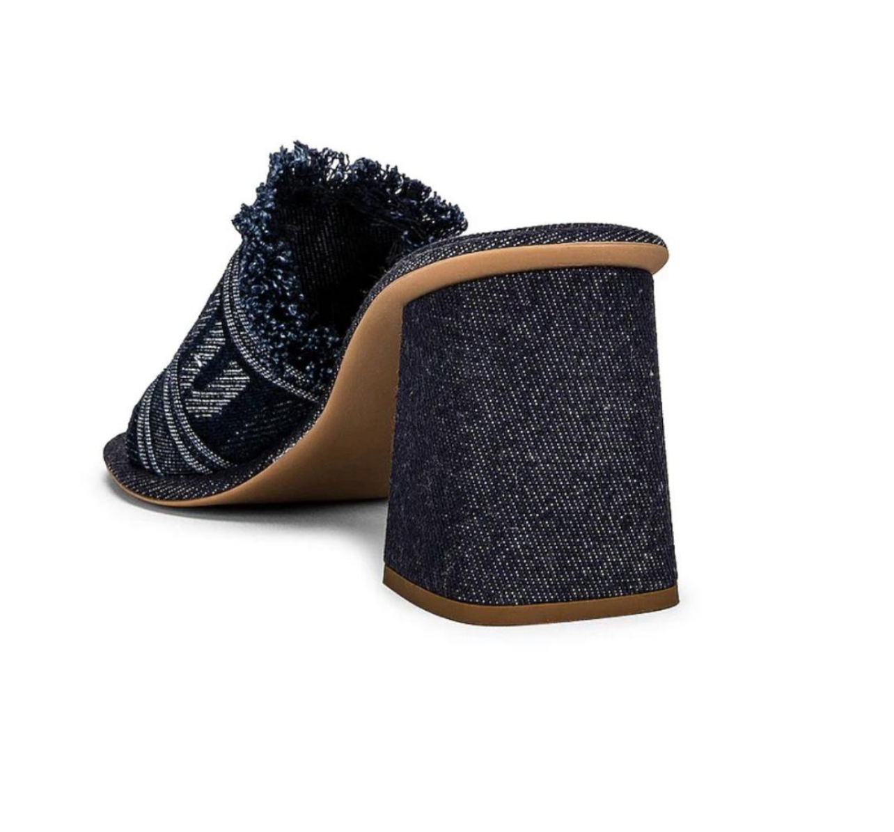 MIU MIU Denim Fringe Logo Block Heel - Size 40