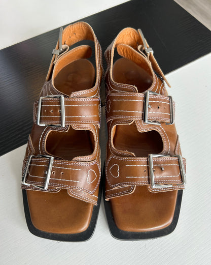 GANNI Brown Leather Buckle Sandals - Size 38